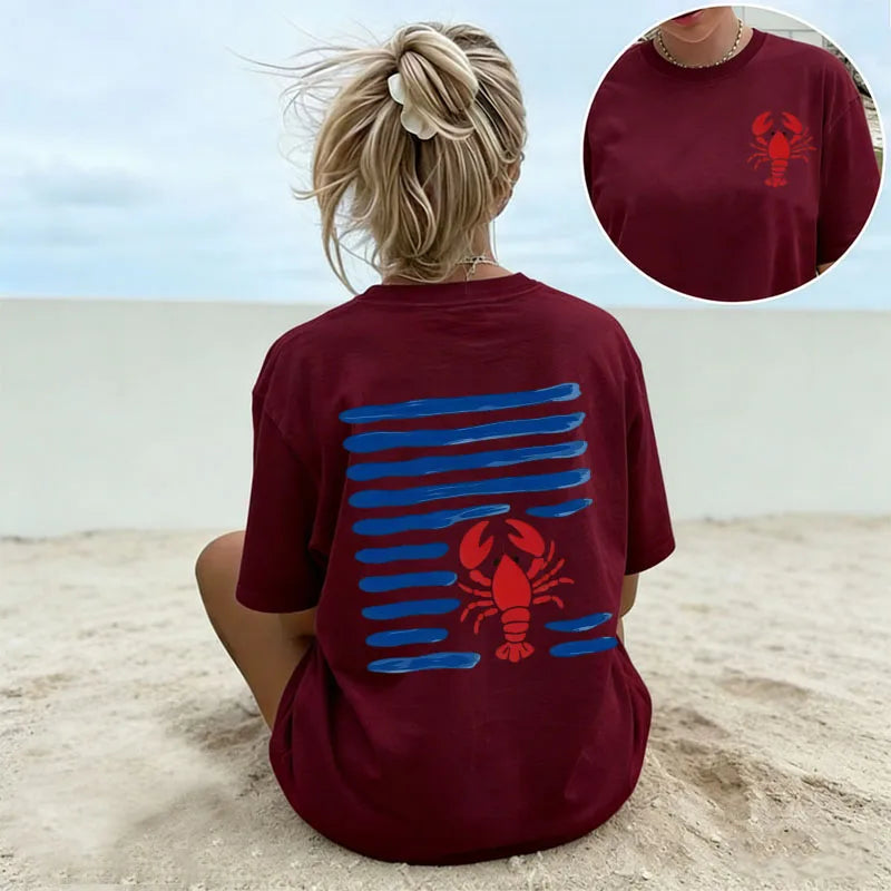 Women's White Oversized T-Shirt Red Lobster & Blue Stripes Print Casual Short Sleeve Tee Summer Beach Nautical Crew Neck Top