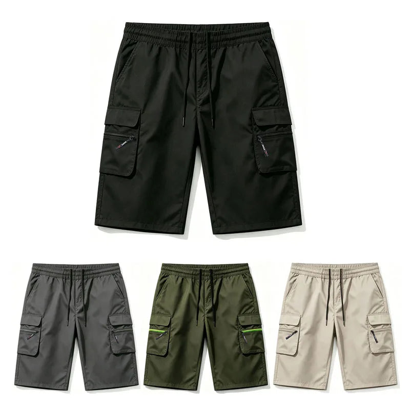 Men Multi Cargo Pocket Bermuda Shorts Elastic Drawstring Waist Loose Fit Outdoor Beach Travel Daily Knee Length Casual Shorts