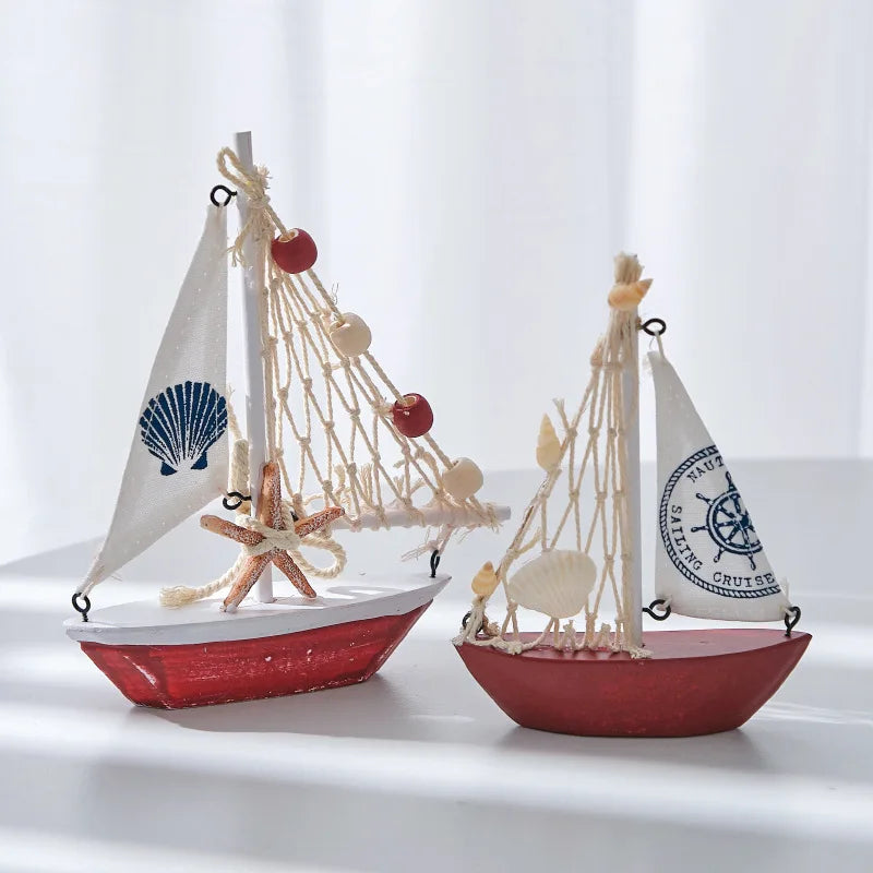 14cm/5.5inch Mini Sailboat Model Decoration Wooden Miniature Sailing Boat Home Decor Beach Nautical Design, Navy Blue and White