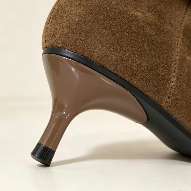 ZAROY Brand Designer Women Boots Fall Winter Warm Faux Suede Short Botas Point Toe Ruched Kitten Heel Modern Ankle Boots ботинки