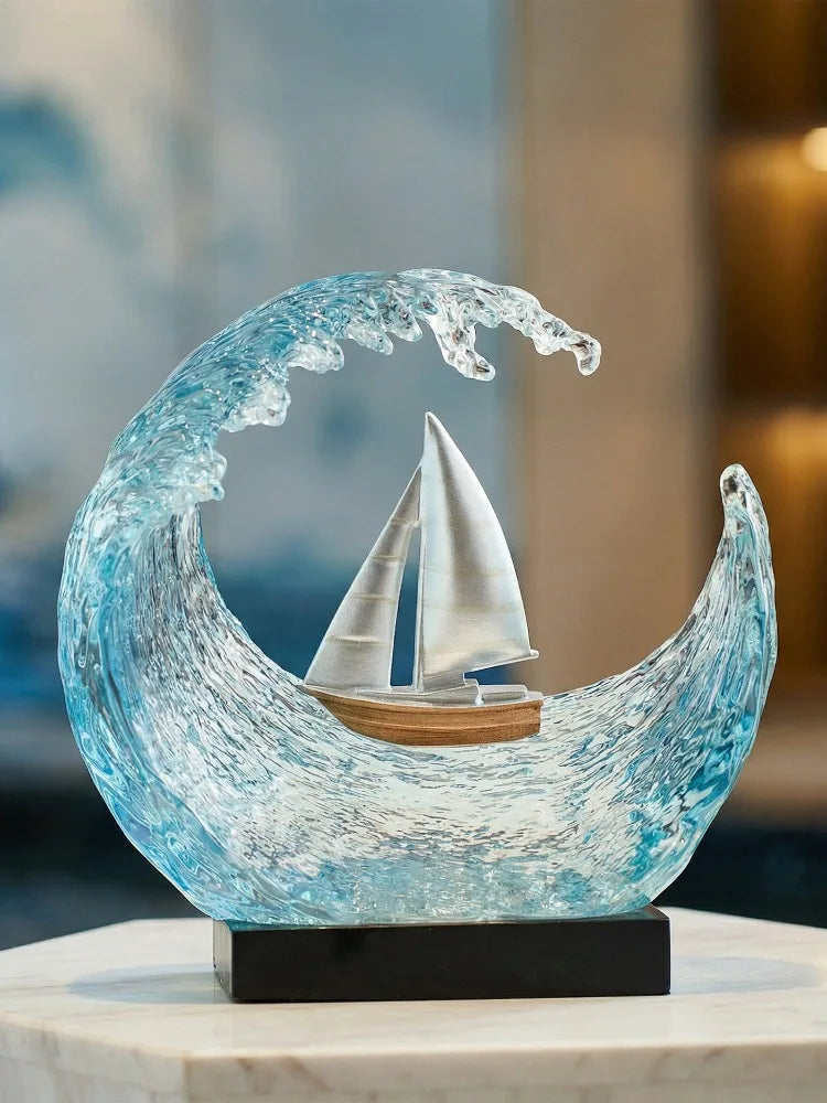 Transparent Resin Ocean Wave Sailboat Sculpture Desktop Ornament Sailing Nautical Model Figurine Living Room Office Home Decor