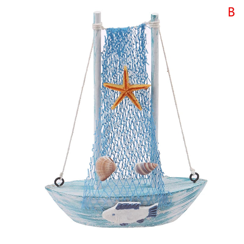 1PC 15CM Ornaments Party Home Decoration New Mediterranean Style Marine Nautical Wooden Blue Sailing Boat Ship Wood Crafts