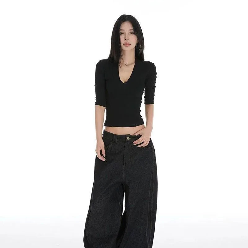 Women's Y2K Black V-Neck Drop Shoulder Short Sleeve Crop T-Shirt Summer Slim Fit Unique Casual Tee Tops Pro Choice Women Clothes