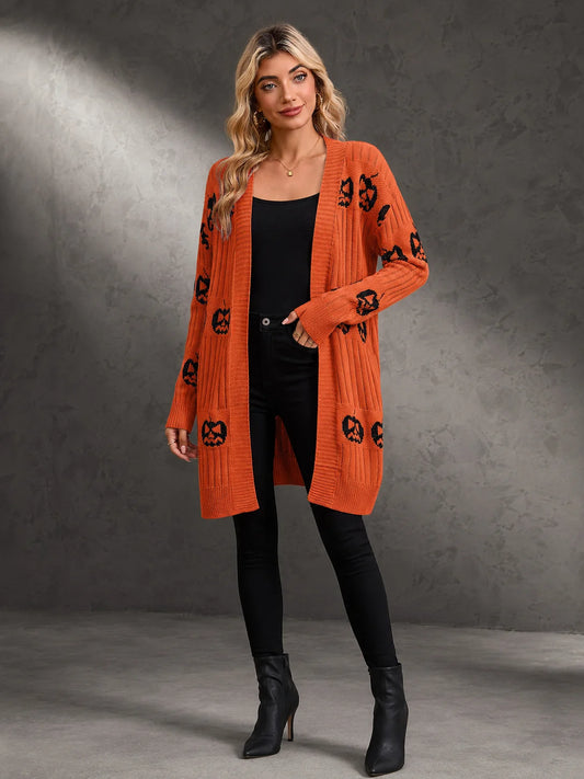 Women Halloween Open Front Cardigan, Pumpkin Face Jacquard Knit Long Sleeve Cardigan, Loose V‑Neck Mid‑Length Sweater Coat with Pockets for Holiday Party Daily Wear