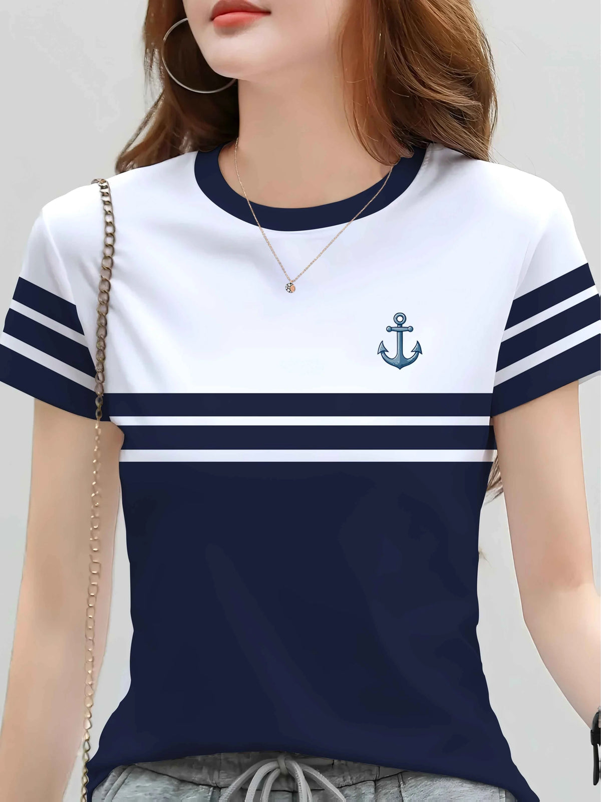 2026Fashionable women's nautical styleTShirt，round Neck Short Sleeve，With anchor print pattern，Casual striped top