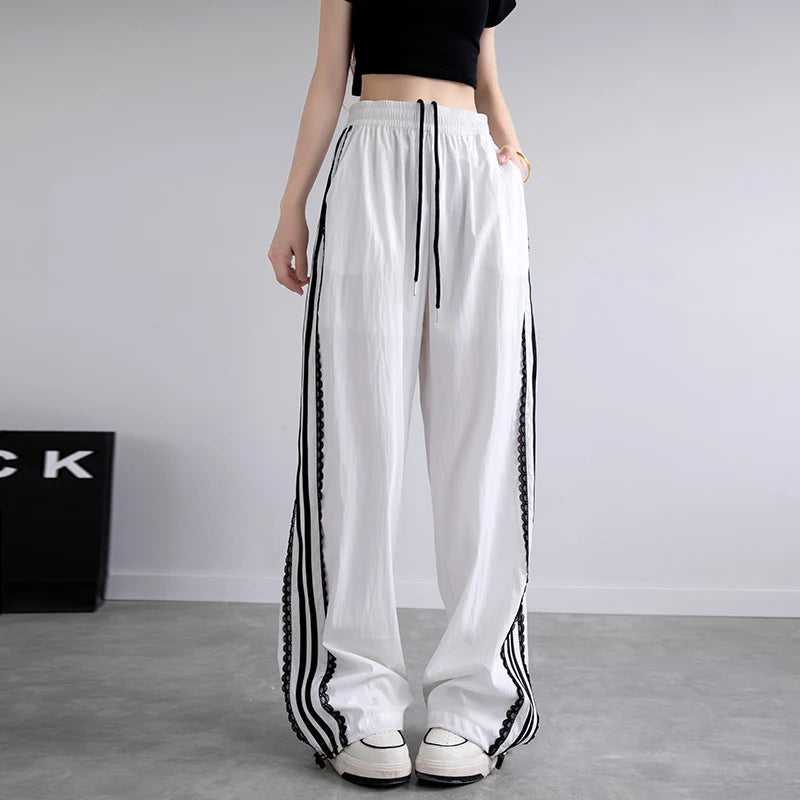 Korean Lace Patchwork Women's Trousers, Side Stripe Webbing Wide-Leg Pants, Casual Baggy Sweatpants, Women's Pants Trend 2026