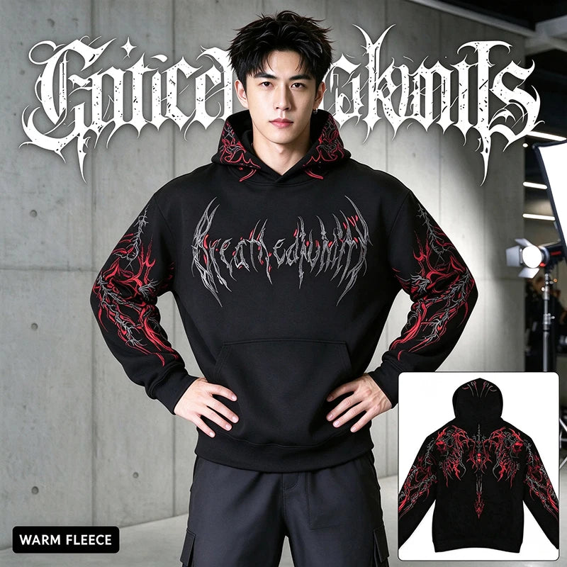 2025 Men's Gothic Skull Thorn Print Hoodie Fleece Lined Winter Streetwear Sweatshirt Casual Warm Pullover Tops for Daily Wear