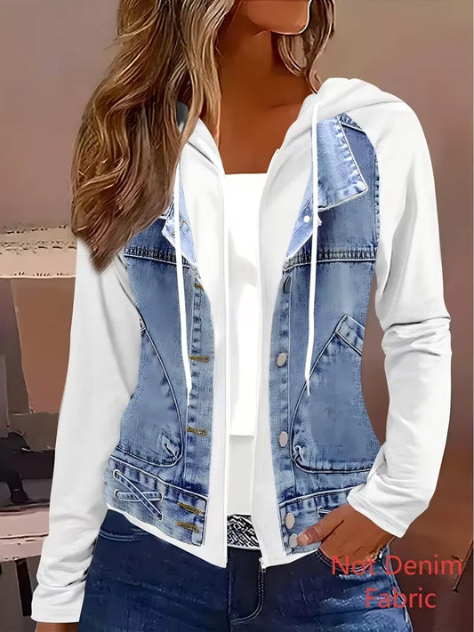Plus size women's American vintage distressed faux denim patchwork hoodie; color block slimming waist-cinching style; daily commute street style faux denim jacket