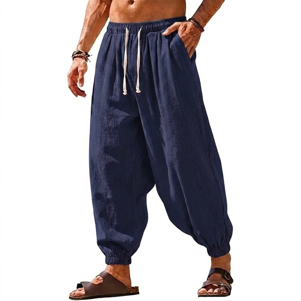 Mens Linen Harem Trousers Baggy Jogger Pants Lightweight Casual Bottoms Breathable Loose Trousers for Hiking Gym and Daily Work