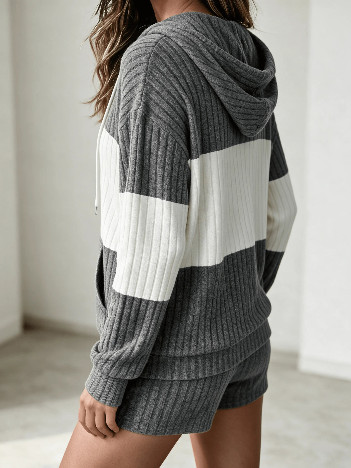Women Color Block Zip Up Hooded Knit Cardigan Long Sleeve Drawstring Hoodie Casual Loose Fit Outerwear Jacket For Daily Wear