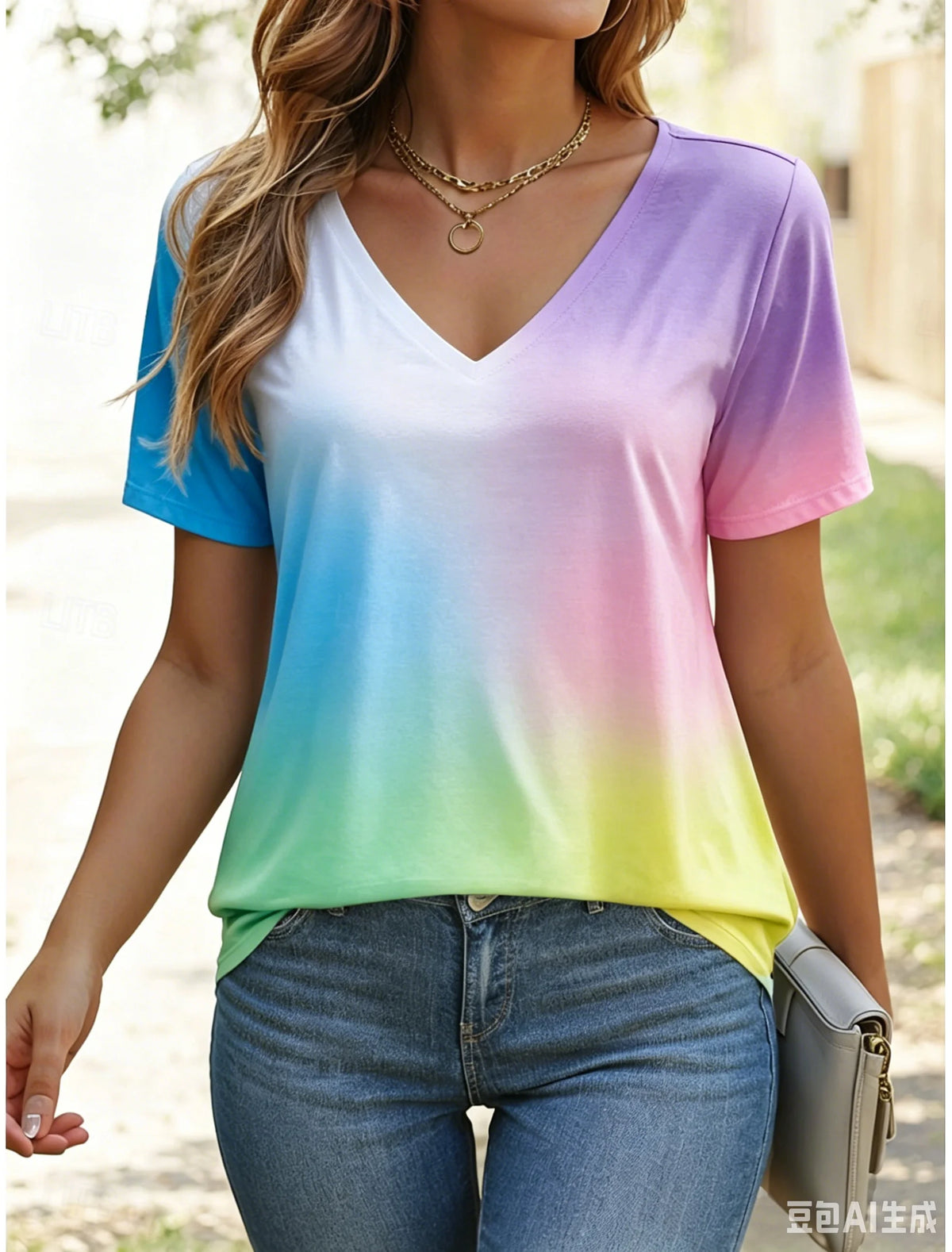 Women's T Shirt Ombre Graphic Stylish Casual Short Sleeve V Neck Regular Tops Daily Print Summer Gradient Women Fashion Tees