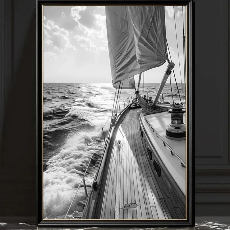 Black White Sailing Boat Canvas Wall Art Nautical Ocean Yacht Poster Set Coastal Style Living Room Bedroom Home Wall Decor