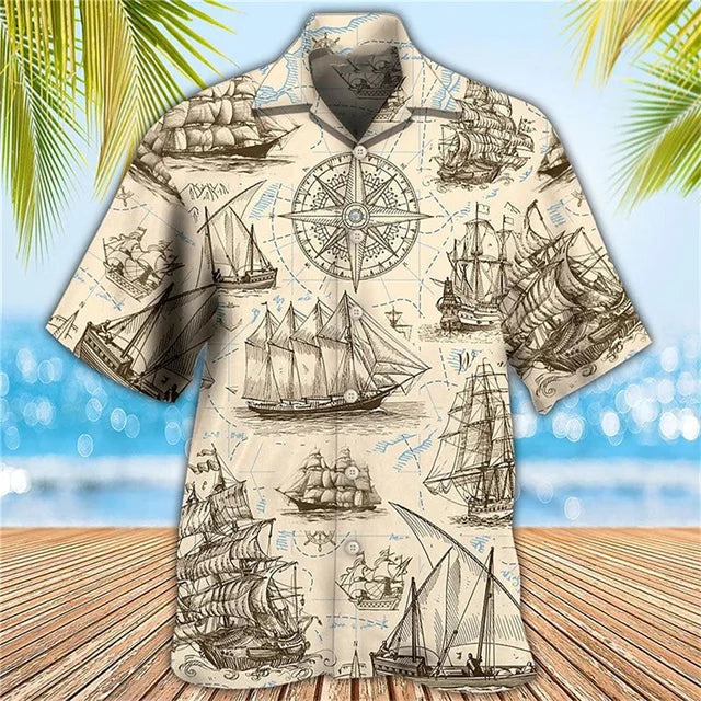 Vintage Men'S Sailing Hawaiian Casual Shirt For Blouse Men Fashion Short Sleeve Summer Street Top Male Clothes Camisas Casuais