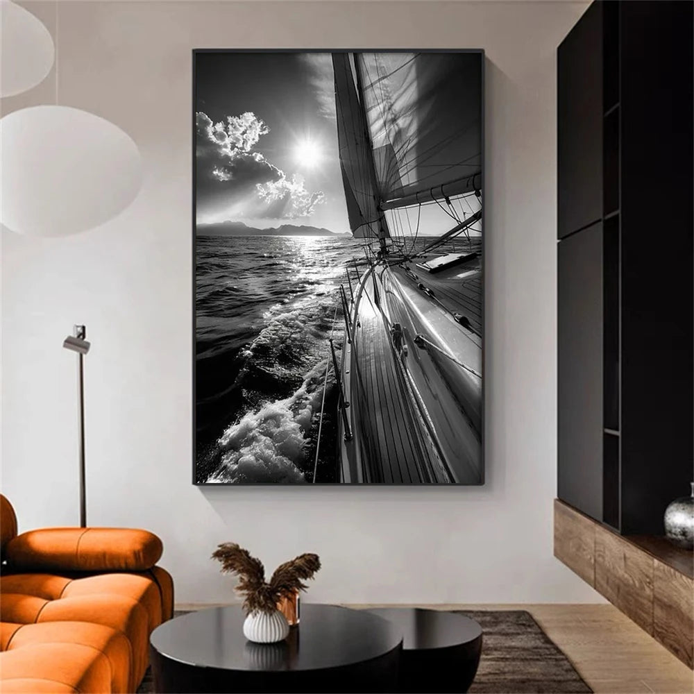 Black White Sailing Boat Canvas Wall Art Nautical Ocean Yacht Poster Set Coastal Style Living Room Bedroom Home Wall Decor