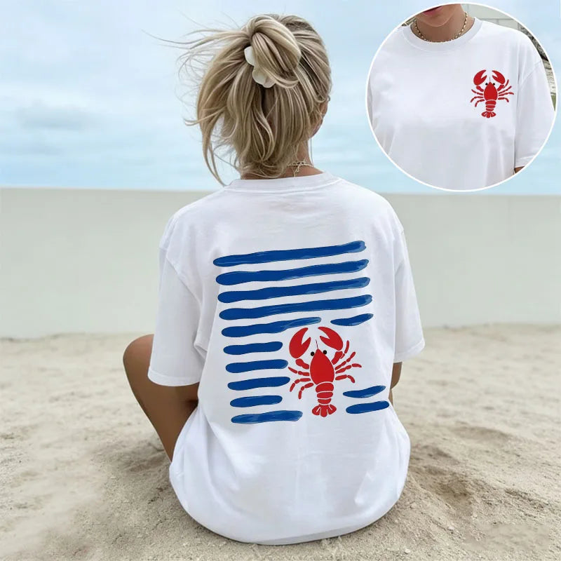 Women's White Oversized T-Shirt Red Lobster & Blue Stripes Print Casual Short Sleeve Tee Summer Beach Nautical Crew Neck Top