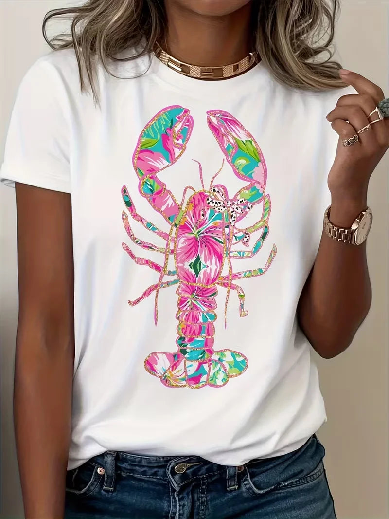 Coastal Maine Lobster Print T-shirt Nautical Beach Graphic Short Sleeve Tops Women Casual Loose Streetwear Daily Wear Tee