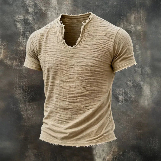 Men Frayed V Neck Short Sleeve T Shirt Wrinkled Texture 100% Cotton Minimalist Casual Solid Color Tees For Daily Wear