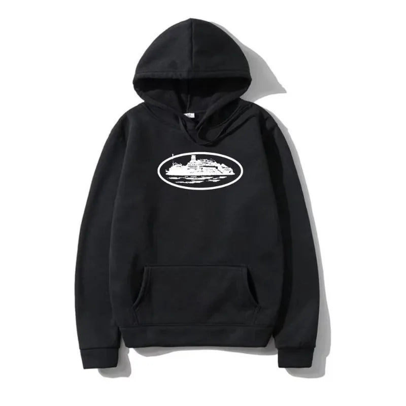 Yacht Graphic Black Hoodie Men Women  Nautical Style Casual Hooded Sweatshirt  Sailing Enthusiast Fashion Streetwear Top