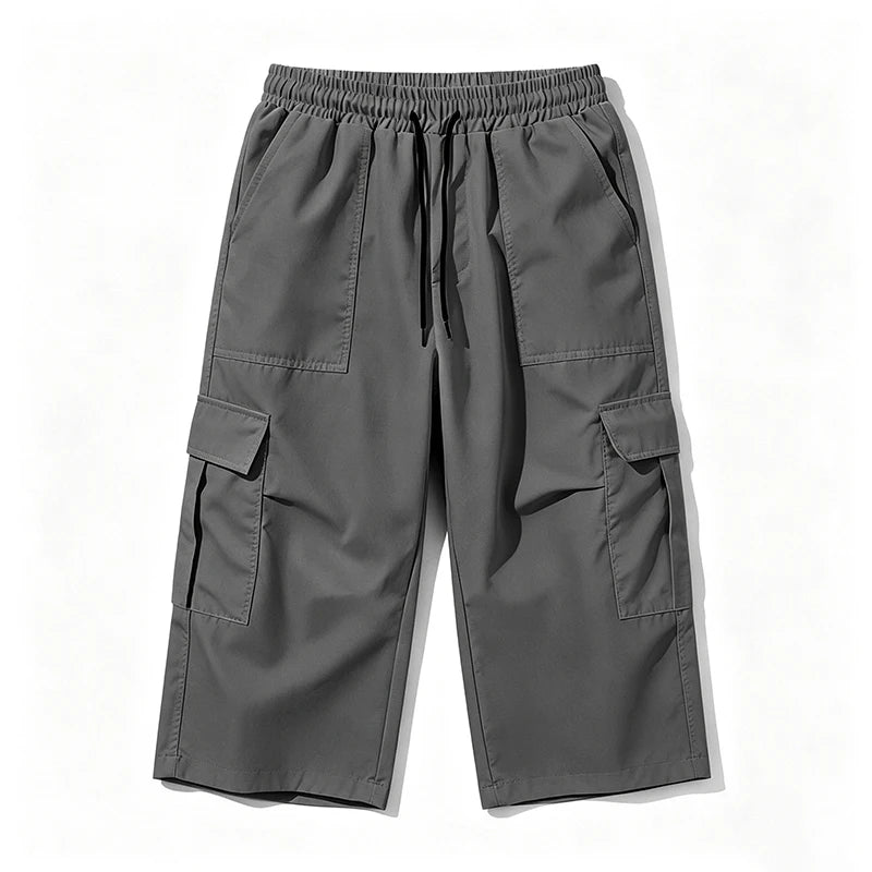 2026 New Men Multi Pocket Cargo Capri Shorts Loose Fit Daily Street Travel Outdoor Casual Drawstring Waist Cropped Short Pants