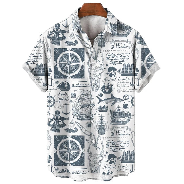 Vintage Men'S Sailing Hawaiian Casual Shirt For Blouse Men Fashion Short Sleeve Summer Street Top Male Clothes Camisas Casuais