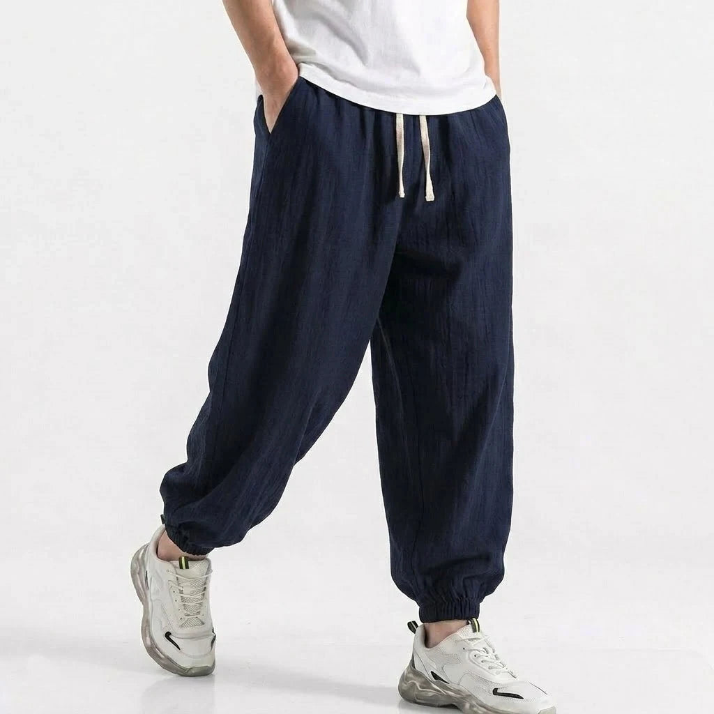 Mens Cotton Linen Harem Trousers Spring Summer Drawstring Loose Baggy Bottoms Casual Streetwear Pants for Gym Daily Work