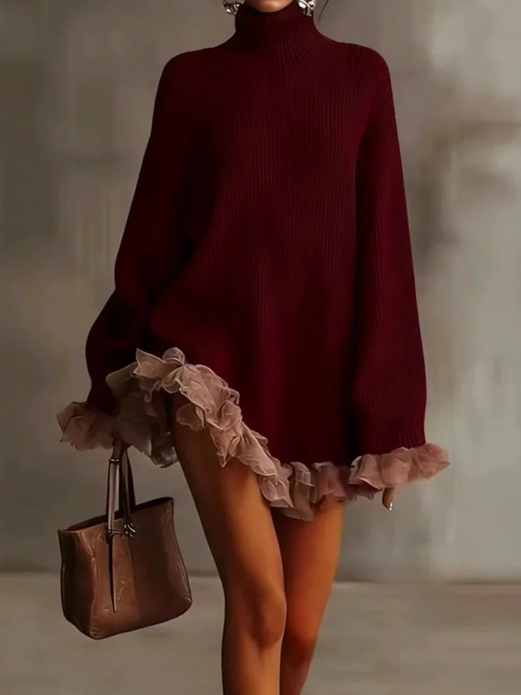 Long Sleeve Lace Patchwork Long Sweaters Women Fall Turtleneck Knit Elegant Pullovers New Casual Solid Lady Mini Dress Sweater