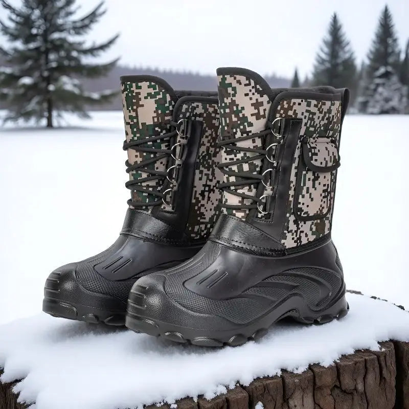 Men High‑top Winter Snow Boots Waterproof Non‑Slip Short Plush Lined Warm Lace‑Up Outdoor Hiking Fishing Camouflage Boots