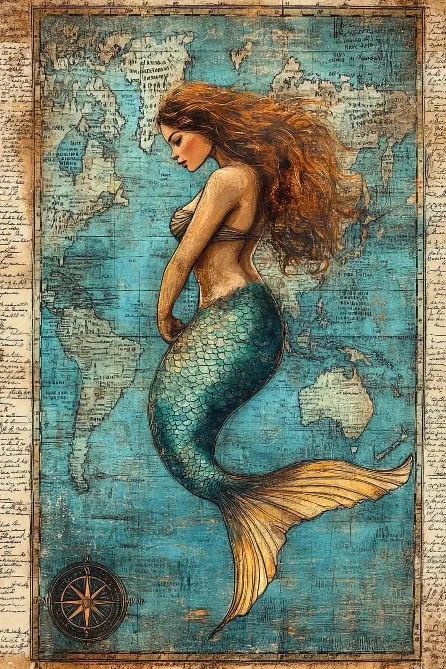 （2D canvas painting）Vintage Nautical Poster Prints Antique Sea Treasure Map Canvas Painting Wall Art Picture for Living Room