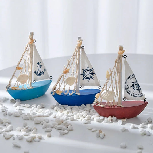 14cm/5.5inch Mini Sailboat Model Decoration Wooden Miniature Sailing Boat Home Decor Beach Nautical Design, Navy Blue and White