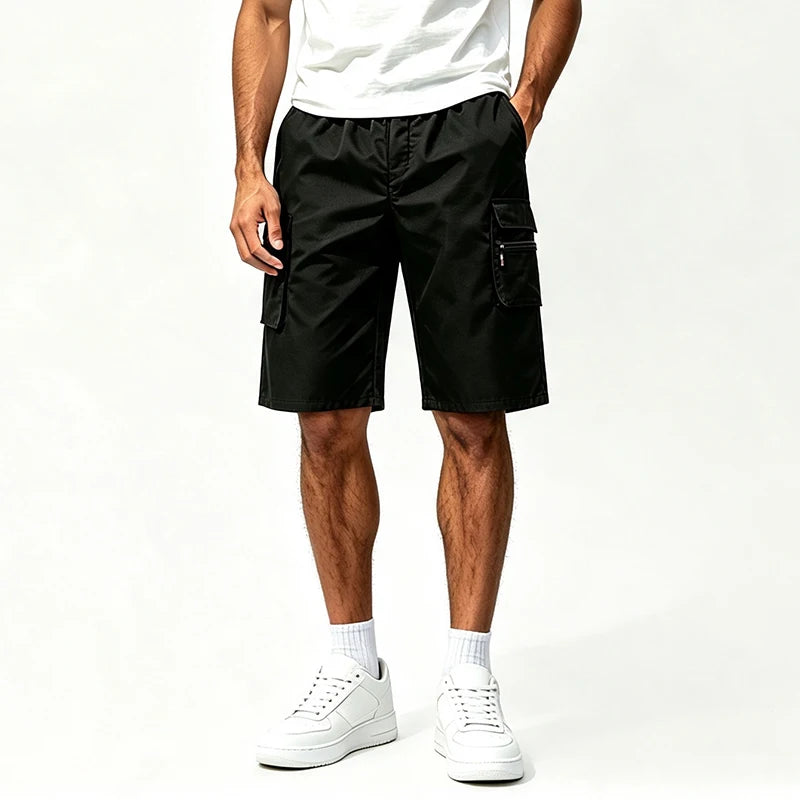Men Multi Cargo Pocket Bermuda Shorts Elastic Drawstring Waist Loose Fit Outdoor Beach Travel Daily Knee Length Casual Shorts