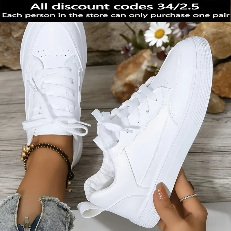 Women White Platform Sneakers 2026 New Fashion Lace Up Skate Shoes Ladies Light Soft Leather Casual Walking Shoes Non Slip Flat Sole All Match Daily Outdoor Comfy Versatile White Trainer Footwear Trendy Minimalist Basic White
