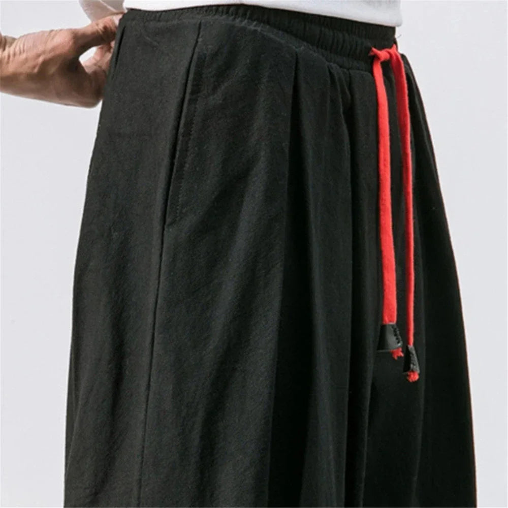 Men's Cotton Linen Wide Leg Pants Casual Loose Fit Solid Color Breathable Lightweight Elastic Waist Male Baggy Long Pants