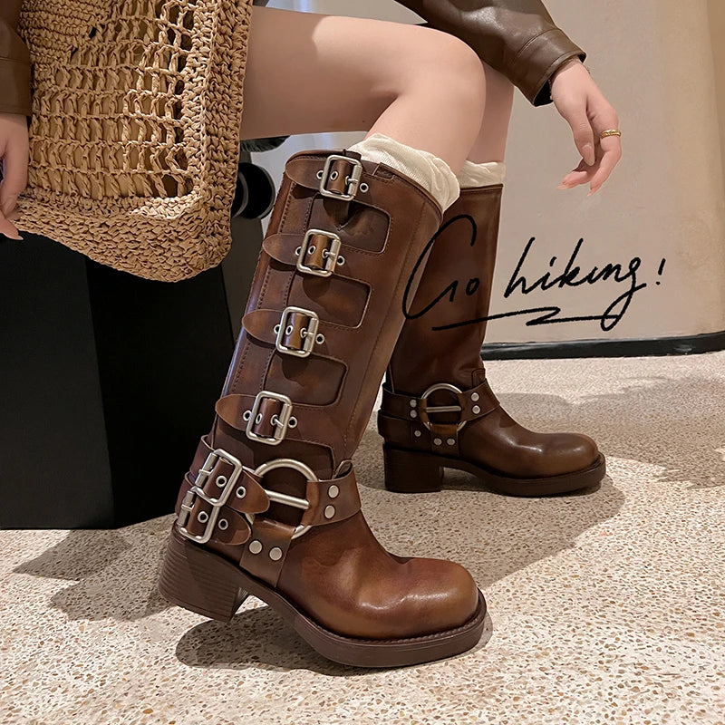 Genuine Leather Woman Boots Knee High Platform Trend Punk Gothic New Rock Leather Fashion Women's Shoes Motorcycle Footwear