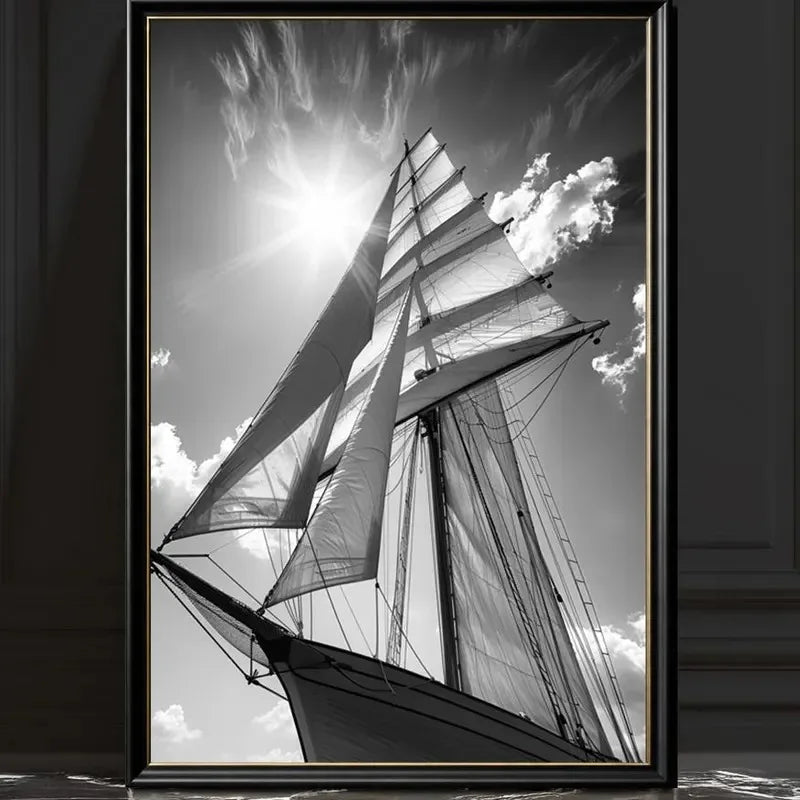 Black White Sailing Boat Canvas Wall Art Nautical Ocean Yacht Poster Set Coastal Style Living Room Bedroom Home Wall Decor