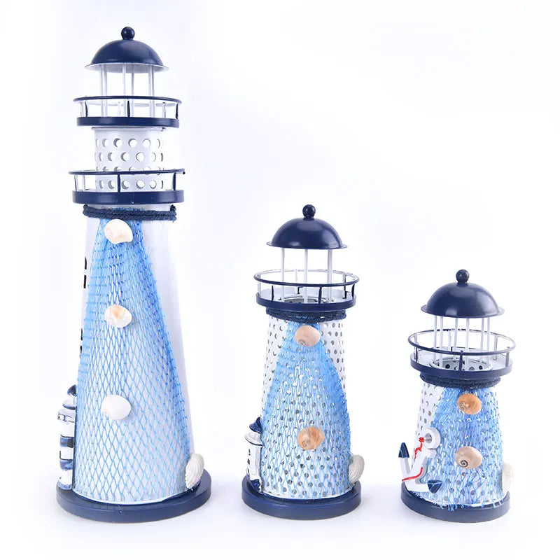 Nautical Ocean Flash Lighthouse Fishing Net Starfish Shell Metal Beacon Tower Ornaments Figurines Crafts Home Decor