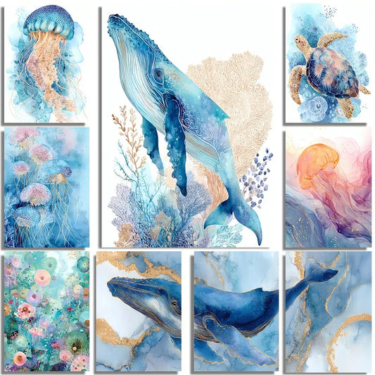 Whale Lobster Jellyfish Triptych Wall Art Watercolor Prints Ocean Nursery Coastal Nautical Mediterranean Sea Life Abstract De