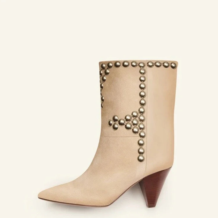 Rivets Studed Women Over The Knee High Boots Long Boots Flock Leather Patchwork High Heel Pointed Toe Runway Bota Black Beige