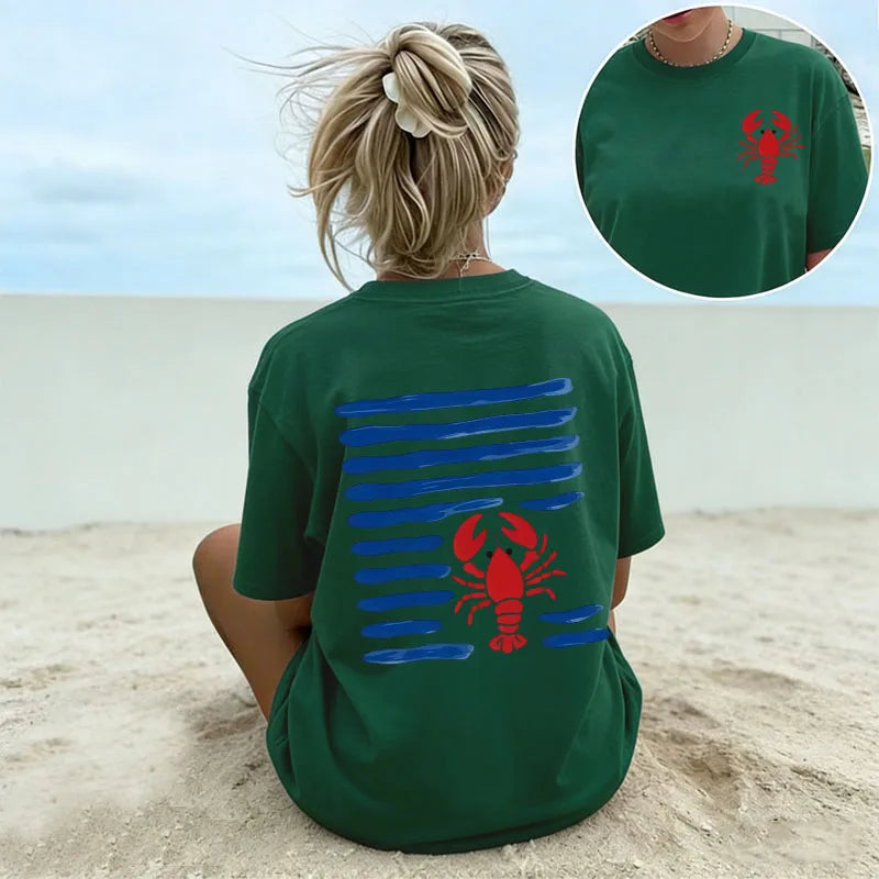 Women's White Oversized T-Shirt Red Lobster & Blue Stripes Print Casual Short Sleeve Tee Summer Beach Nautical Crew Neck Top