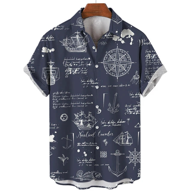 Vintage Men'S Sailing Hawaiian Casual Shirt For Blouse Men Fashion Short Sleeve Summer Street Top Male Clothes Camisas Casuais