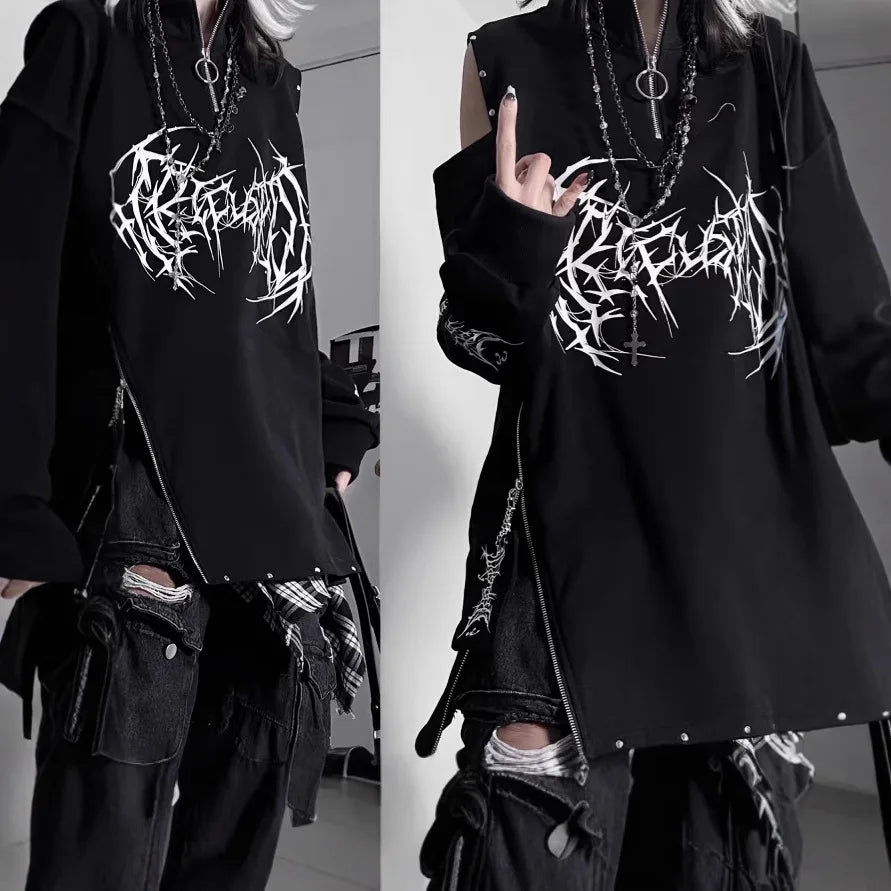 Two-Dimensional Dark Print Subculture Punk Long-Sleeved Loose Bf Style Off-Shoulder Sweatshirt with Zipper Design for Spring