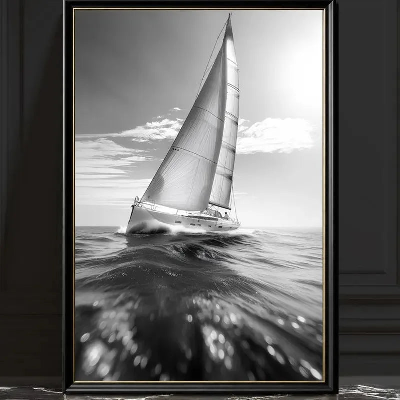 Black White Sailing Boat Canvas Wall Art Nautical Ocean Yacht Poster Set Coastal Style Living Room Bedroom Home Wall Decor