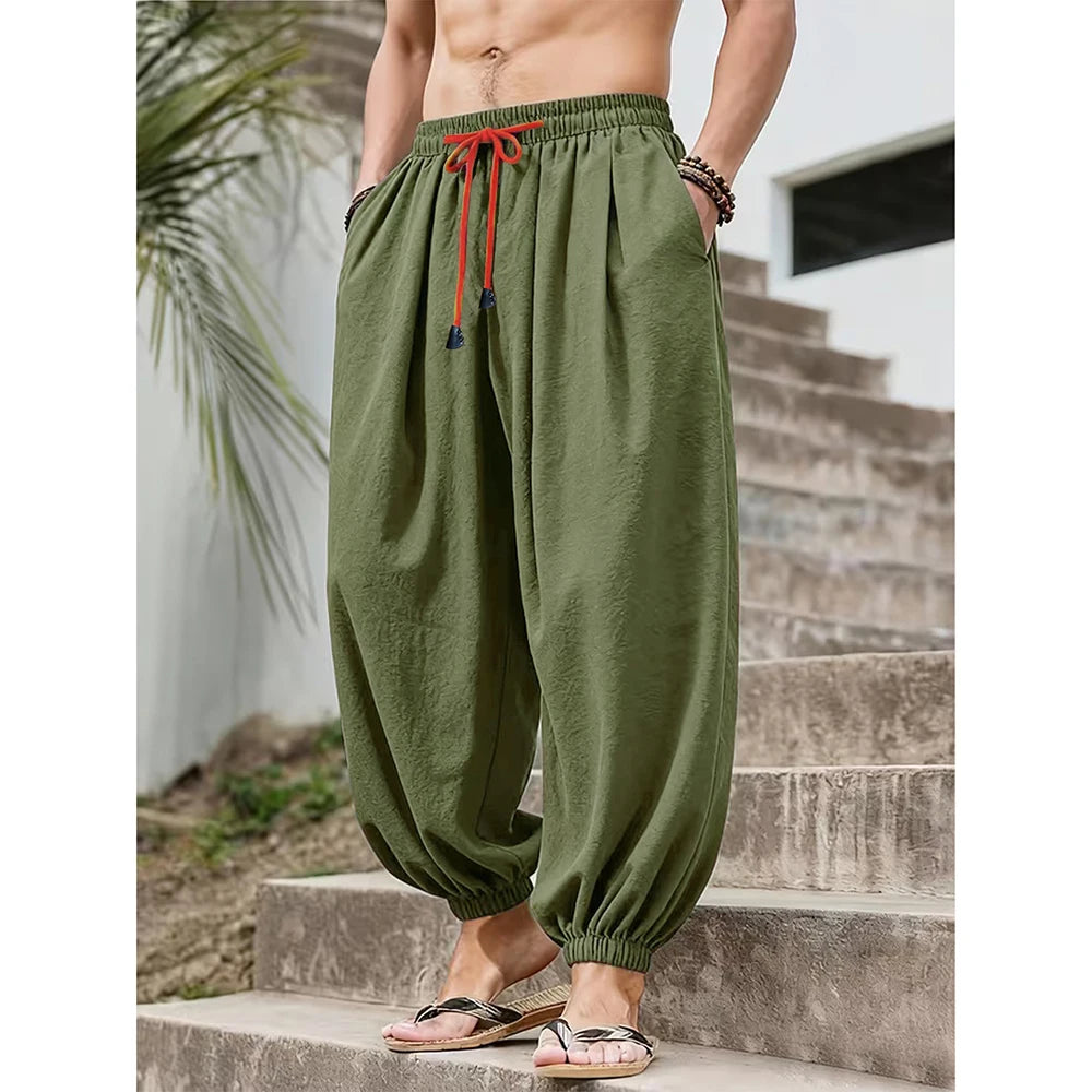 Men's Cotton Linen Wide Leg Pants Casual Loose Fit Solid Color Breathable Lightweight Elastic Waist Male Baggy Long Pants