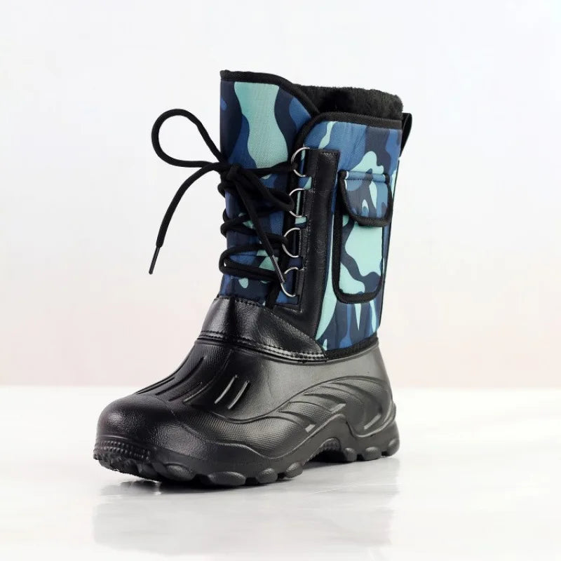 Men High‑top Winter Snow Boots Waterproof Non‑Slip Short Plush Lined Warm Lace‑Up Outdoor Hiking Fishing Camouflage Boots
