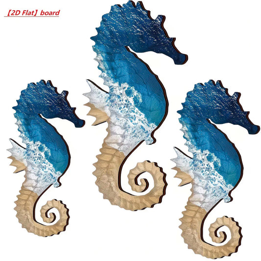 3Pcs Ocean Wave Seahorse Wooden Wall Decor Set, Coastal Nautical Seahorse Wall Art Hanging Ornament for Bathroom Beach House
