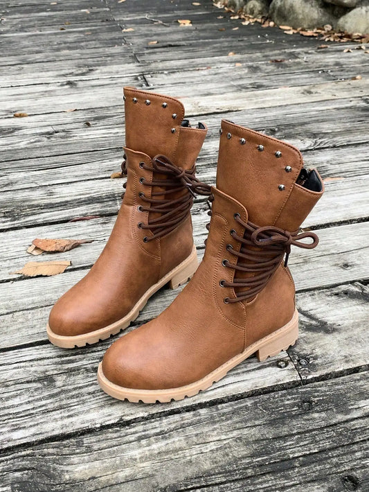 New Fashionable Ankle Boots, Solid Color Lace-Up Casual Women Boots, Versatile Slim Ankle Boots, Vacation Style Casual Ankle Boots, Rivet Strap Punk Style Ankle Boots, Suitable For All Occasions sx2411085254544187