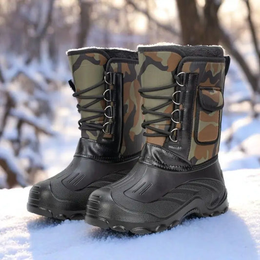 Men High‑top Winter Snow Boots Waterproof Non‑Slip Short Plush Lined Warm Lace‑Up Outdoor Hiking Fishing Camouflage Boots
