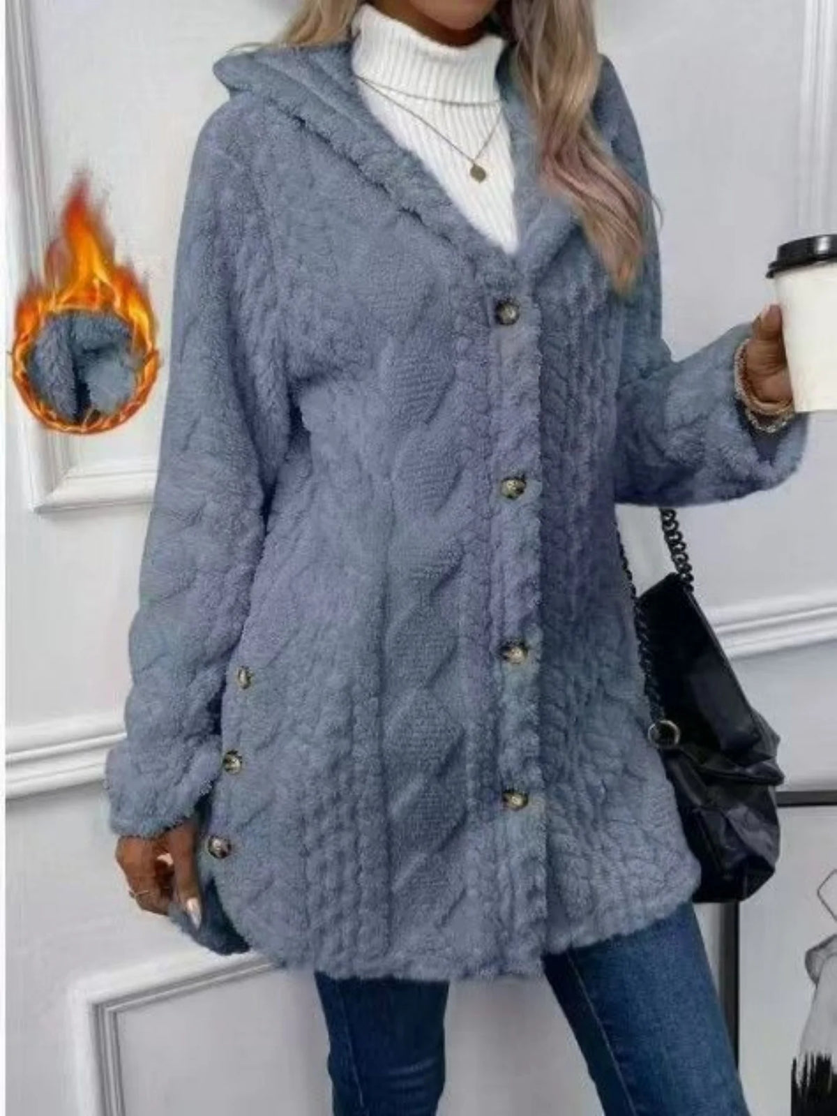 Women Winter Fleece Cable Knit Hooded Cardigan Coat Casual Long Sleeve Button Down Warm Sherpa Plush Outerwear Tops