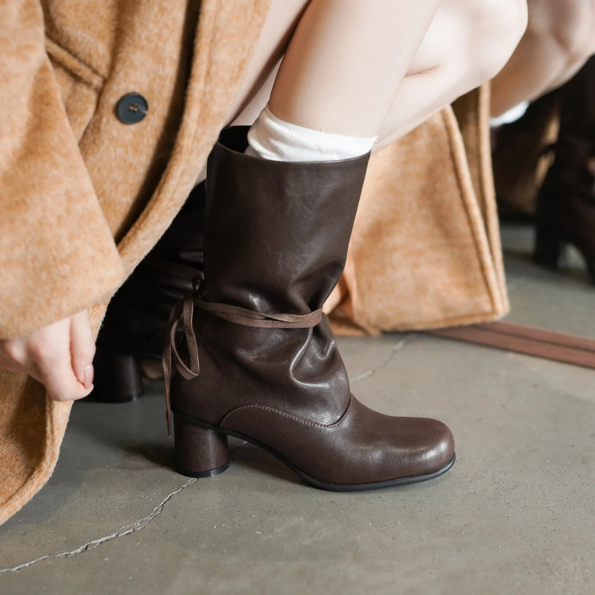 Arden Furtado Autumn cowhide Ankle strap Modern boots Round toe slip-on Chunky heels Mid-Calf boots Large size Women's Boots