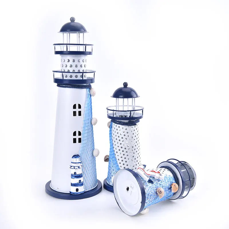 Nautical Ocean Flash Lighthouse Fishing Net Starfish Shell Metal Beacon Tower Ornaments Figurines Crafts Home Decor