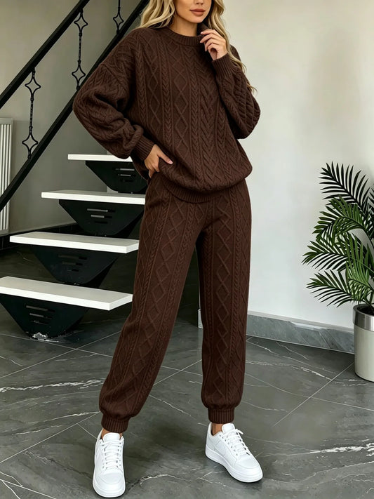 Women Cable Knit 2‑Piece Outfit O‑Neck Long Sleeve Sweater Tops Jogger Pants Set Loose Casual Loungewear Knitted Tracksuit For Daily Wear